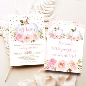 Fall Twins Baby Shower Invitation Girl, It&#39;s Twins Baby Shower EDITABLE Invitation Template,  Printable, Fall, Pink, MCP826, CJB