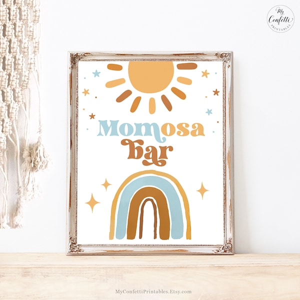 Momosa Bar Sign, Printable Mom-osa Bar Sign, Sunshine, Rainbow, Retro, Sunshine, Sun, Blue, Terracotta, Boho, Boy Baby Shower, MCP101