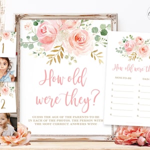 How Old Were The Parents To Be Game, Sign, Printable Girl Baby Shower Game, Cards and Numbers, Blush Pink Floral, MCP820