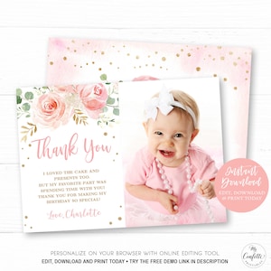 Photo Thank You Card Template, Printable Photo Thank You Card, Editable, Blush Pink, MCP821, MCP830, CJB