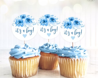 Baby Shower Cupcake Toppers, It's a Boy! Printable Cupcake Toppers, Blue, Floral, Boy, Baby Shower Decor, MCP93