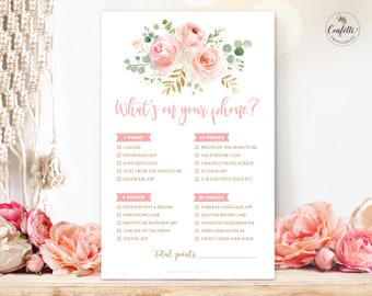 What's on Your Phone Game, Baby Shower Game, Blush Pink Floral, Gold, Girl Baby Shower Party Games, MCP820