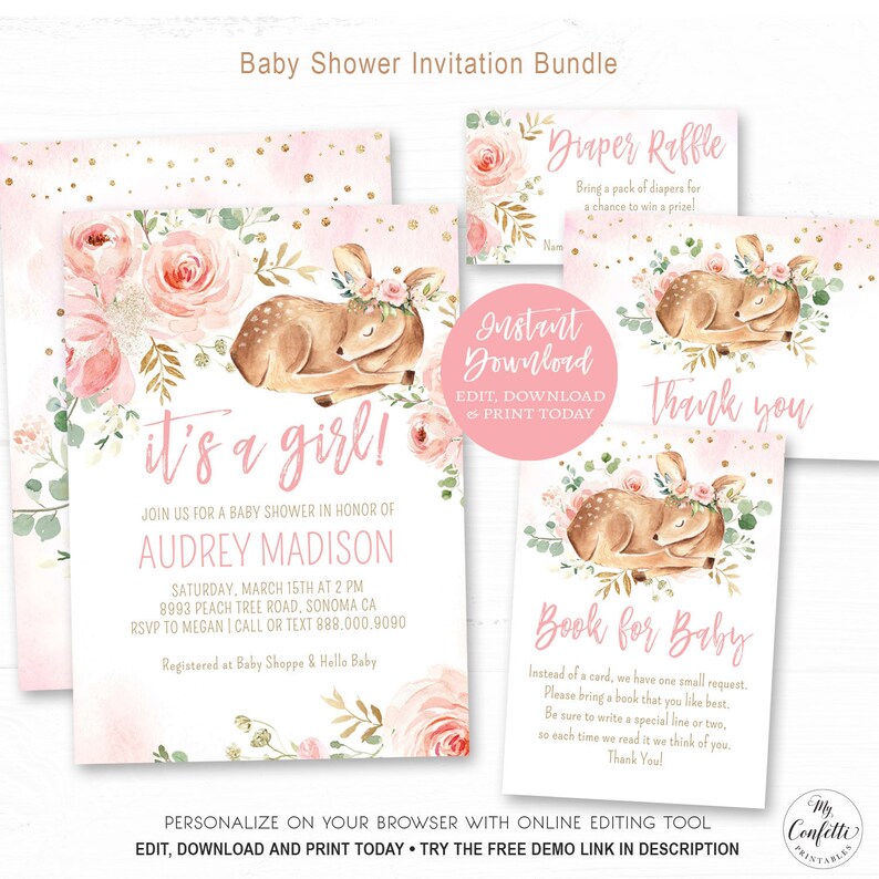 May include: Printable baby shower invitation bundle with a pink and green floral design featuring a sleeping fawn with a floral crown. The invitation includes text that says "it's a girl!" and "Audrey Madison".