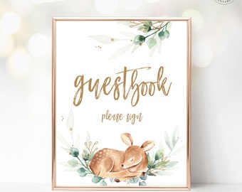 Baby Shower Guestbook Sign, Printable Guest Book Sign for Baby Shower, Boy Baby Shower, Baby Deer, Rustic, Greenery, MCP840