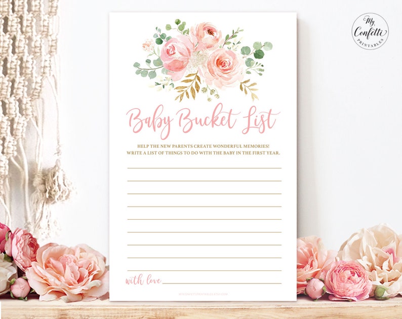 Baby Bucket List Baby Shower Game, Printable Game, Blush Pink Floral, Gold, Girl Baby Shower Party Games, MCP820 Bild 1