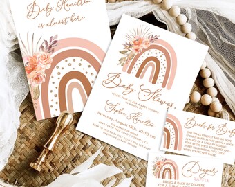 Baby Shower Invitation Bundle, Boho Rainbow, Editable Baby Shower Invitation Template, Printable, Peachy Pink, Terracotta, Girl, MCP103, CJB