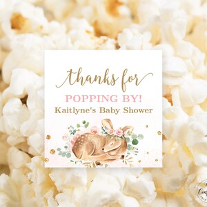 Thanks For Popping By Favor Tag, Popcorn Favor Tag for Baby Shower or Birthday, EDITABLE, Baby Deer Favor Tag, Girl, Pink, MCP838, CJB