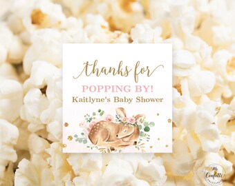Thanks For Popping By Favor Tag, Popcorn Favor Tag for Baby Shower or Birthday, EDITABLE, Baby Deer Favor Tag, Girl, Pink, MCP838, CJB