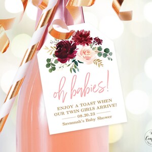 Oh Babies! Twins Baby Shower Favor Tags Template, Champagne Bottle Tag, Printable, Burgundy Pink Floral, Editable, Baby Shower, MCP816, CJB