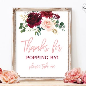 Thanks For Popping By Sign, Printable Popcorn Favors Sign, Baby Shower, Birthday, Pink Burgundy Floral, MCP816, MCP817, MCP818, MCP819