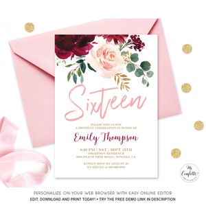 Sweet 16 Birthday Party Invitation, Printable Sweet Sixteen Birthday Invitation Template, EDITABLE, Pink Burgundy Floral, Blush, MCP818, CJB