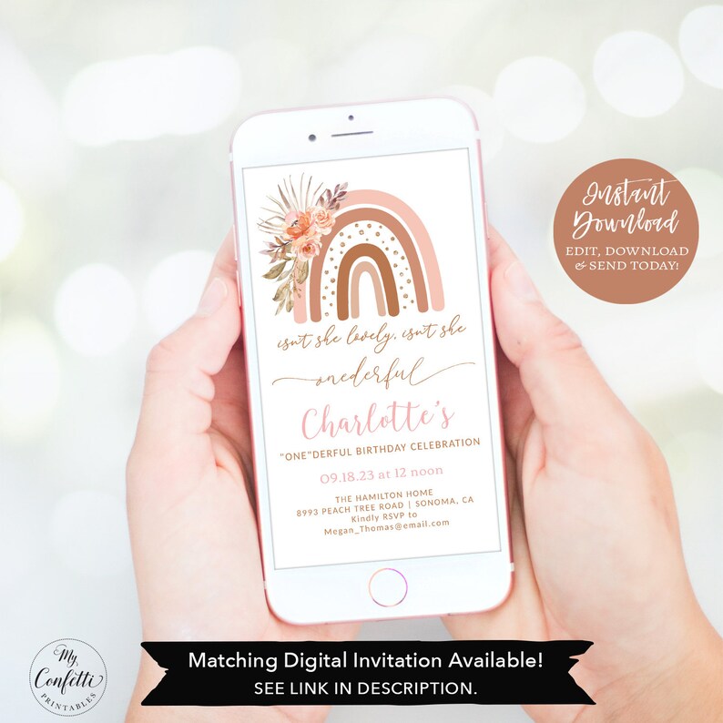 May include: A digital invitation for a first birthday party with a rainbow and floral design. The invitation says "Isn't she lovely, isn't she wonderful Charlotte's "One Derful Birthday Celebration" 09.18.23 at 12 noon The Hamilton Home 8993 Peach Tree Road | Sonoma, CA Kindly RSVP to Megan_Thomas@email.com"