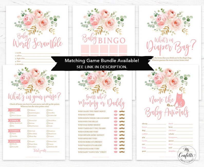 May include: A set of printable baby shower games with a pink and gold floral theme. The games include "Baby Word Scramble", "Baby Bingo", "What's in Your Purse?", "Guess Who? Mommy or Daddy", "What's in the Diaper Bag?", and "Name the Baby Animals".