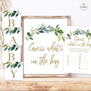 Greenery Baby Shower Game, Guess What&#39;s in the Bag Printable Baby Shower Game Sign, Greenery Baby Shower Game Cards, Boho, MCP813, MCP814