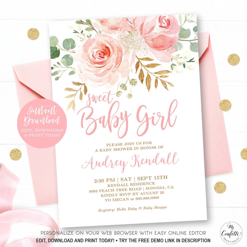 Blush Pink Floral Baby Shower Invitation Girl, Printable Girl Baby Shower Invitation Template, EDITABLE, Sweet Baby Girl, MCP820, CJ 