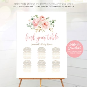 Blush Pink Floral Baby Shower Seating Chart Sign, Printable Seating Chart Template for Birthday, Girl, MCP820, MCP821, MCP823, MCP830, CJB