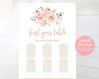 Blush Pink Floral Baby Shower Seating Chart Sign, Printable Seating Chart Template for Birthday, Girl, MCP820, MCP821, MCP823, MCP830, CJB