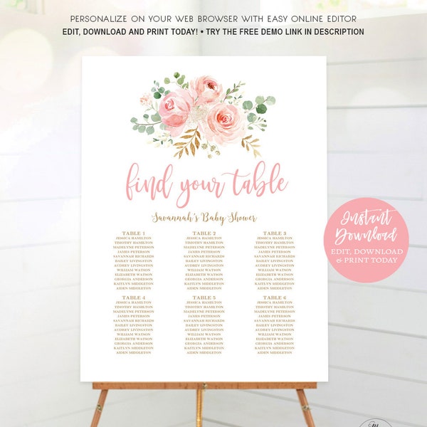 Blush Pink Floral Baby Shower Seating Chart Sign, Printable Seating Chart Template for Birthday, Girl, MCP820, MCP821, MCP823, MCP830, CJB