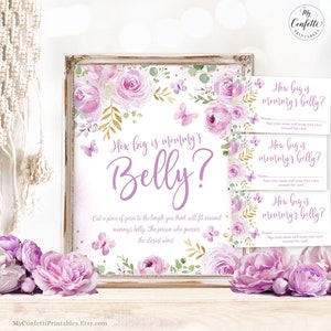How Big is Mommy's Belly? Baby Shower Game Sign and Answer Cards, Printable, Lavender, Lilac, Butterflies, Floral, Boho, Girl, MCP104