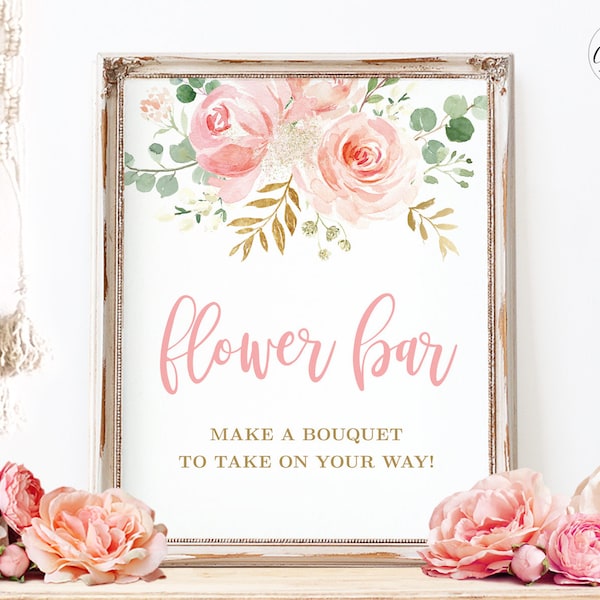 Flower Bar Sign, Printable Flower Bar Sign, Baby Shower, Blush Pink Floral, Boho, MCP820