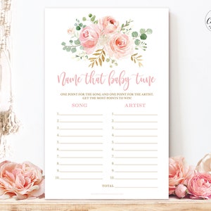 Name That Baby Tune Baby Shower Game, Printable Game, Blush Pink Floral, Gold, Girl Baby Shower Party Games, MCP820