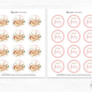May include: Printable baby shower favor tags featuring a watercolor illustration of a sleeping fawn with a floral crown. The tags are pink with gold text that reads "Sweet Baby".