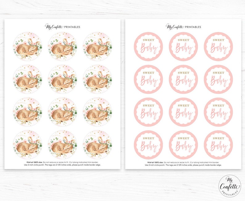 May include: Printable baby shower favor tags featuring a watercolor illustration of a sleeping fawn with a floral crown. The tags are pink with gold text that reads "Sweet Baby".