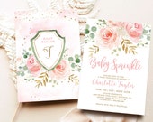 EDITABLE Invitation, Blush Pink Baby Sprinkle Invitation, Printable Baby Sprinkle Card Template, Blush Pink, Floral, Gold, Girl, MCP820, CJB