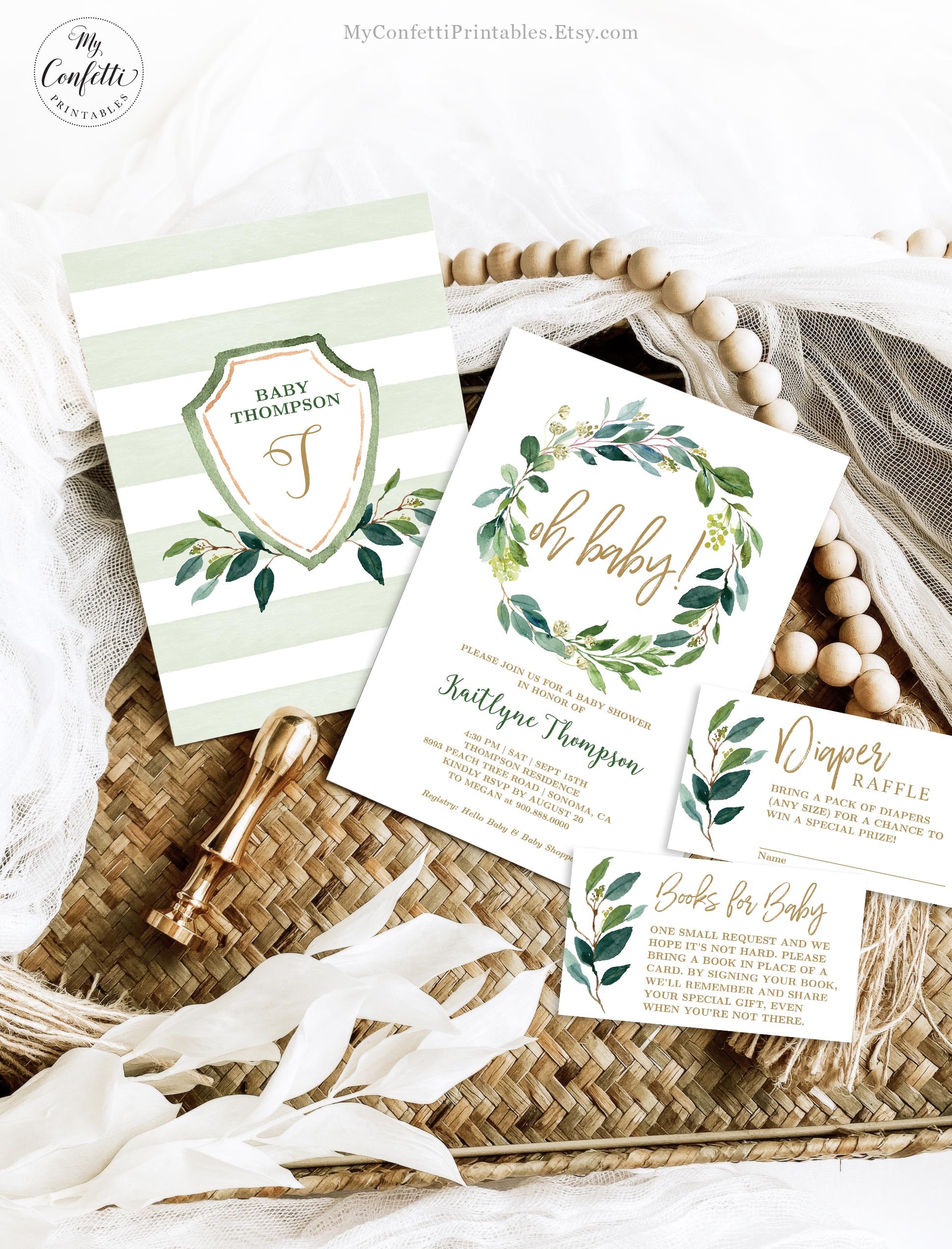 Greenery Baby Shower Invitation Gender Neutral, Bundle, EDITABLE, Printable, Greenery Wreath, Boy or Girl, Oh Baby!, MCP814, MCP813, CJB