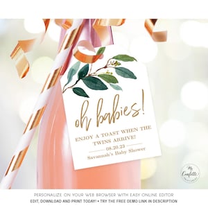 Twins Baby Shower Favor Tags, Champagne or Wine Bottle Tags, Printable Template, Editable, Greenery, Oh Babies, MCP813, MCP814, CBJ