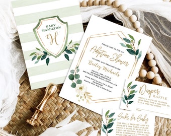 Adoption Shower Invitation Template, EDITABLE, Printable Adoption Invitation Bundle, Greenery, Green and Gold, Gender Neutral, MCP825, CJB