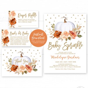 May include: Printable baby shower invitation with a white pumpkin, orange and peach flowers, and gold glitter. The invitation says "Baby Sprinkle" and includes the name "Madelyne Gardner".