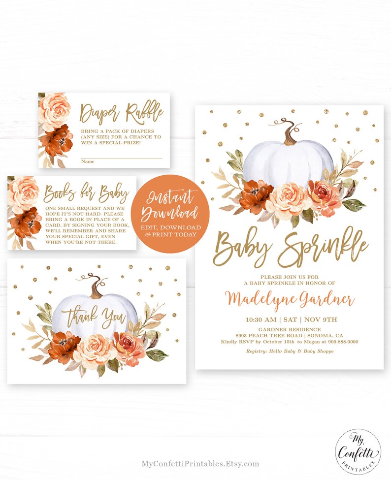 May include: Printable baby shower invitation with a white pumpkin, orange and peach flowers, and gold glitter. The invitation says "Baby Sprinkle" and includes the name "Madelyne Gardner".