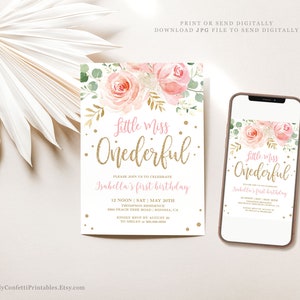Puede incluir: Una invitaci&oacute;n de primer cumplea&ntilde;os rosa y dorada con ilustraciones florales y el texto "Little Miss Onederful". La invitaci&oacute;n incluye la fecha, la hora y el lugar de la fiesta.