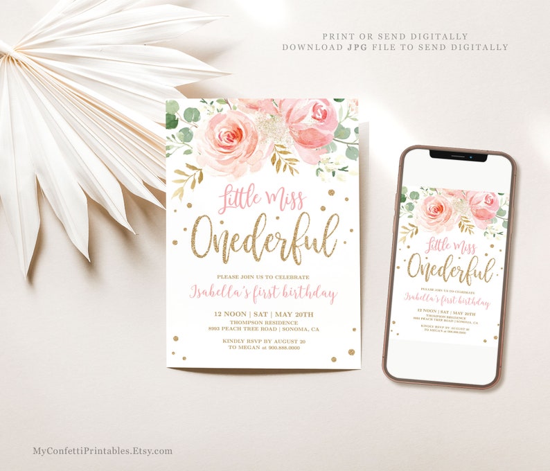 Puede incluir: Una invitaci&oacute;n de primer cumplea&ntilde;os rosa y dorada con ilustraciones florales y el texto "Little Miss Onederful". La invitaci&oacute;n incluye la fecha, la hora y el lugar de la fiesta.