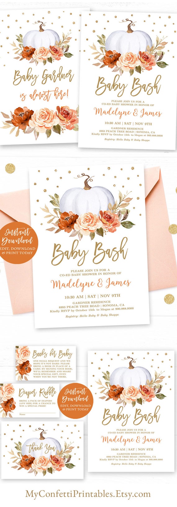 Pumpkin Baby Bash Invitation Bundle Co Ed Baby Shower Etsy 日本