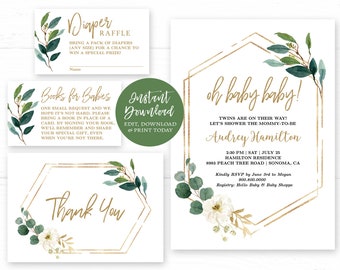 EDITABLE Twins Baby Shower Invitation Template, Bundle, Printable, Modern Greenery, Gender Neutral, Oh Baby Baby!, MCP813, MCP814, CJB