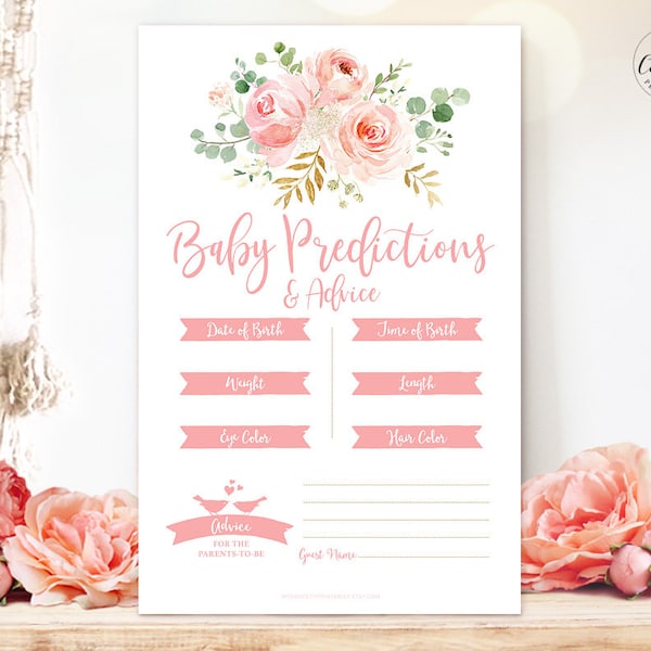 Baby Shower Game, Printable Baby Predictions & Advice Game, Pink Blush Floral, Gold, Girl Baby Shower Party Games, MCP820