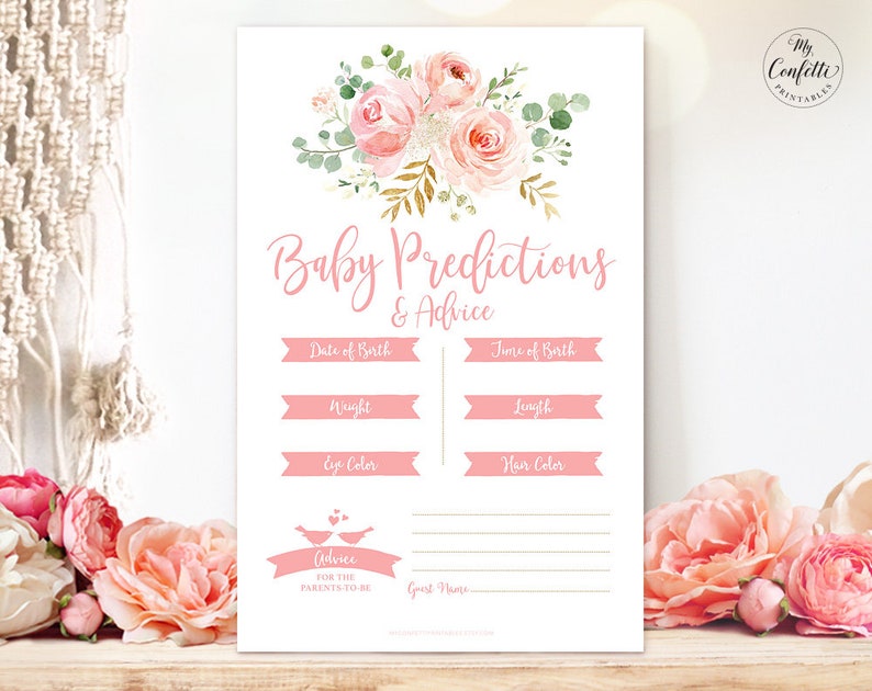 Baby Shower Game, Printable Baby Predictions & Advice Game, Pink Blush Floral, Gold, Girl Baby Shower Party Games, MCP820 image 1