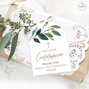 Greenery First Holy Communion Favor Tags, Printable Communion Thank You Favor Tag Template, Editable, MCP831, CJB
