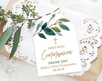 Greenery First Holy Communion Favor Tags, Printable Communion Thank You Favor Tag Template, Editable, MCP831, CJB