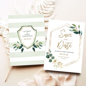 Greenery Save the Date Card, Editable, Printable Baby Shower Save the Date Template, Birthday, Greenery, Gender Neutral, MCP814, CJB