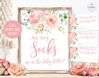 How Many Socks are in the Baby Bottle? Sign and Answer Cards, Printable Baby Shower Game, Blush Pink Floral, Boho, Girl, MCP820