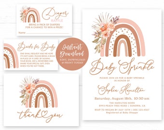 May include: Printable baby shower invitation set with a boho rainbow theme. The invitation features a peach and brown rainbow with gold glitter accents and floral accents. The text on the invitation reads "Baby Sprinkle" and includes the name "Sophia Hamilton", the date and time of the event, and the location. The invitation also includes a RSVP request. The set also includes a diaper raffle card, a books for baby card, and a thank you card.