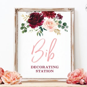 Bib Decorating Station Sign, Printable Baby Shower Decorate A Bib Sign, Burgundy Pink Floral, Boho, Girl, Plum, MCP816