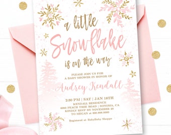 A Little Snowflake is on the Way, Winter Baby Shower Invitation Girl, Printable Baby Shower Template, EDITABLE, Pink, Girl, MCP842, CJB