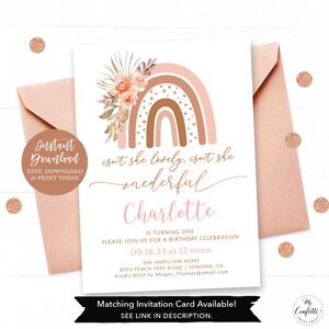 May include: A pink and brown rainbow with gold accents and a floral design. The text "isn't she lovely, isn't she wonderful Charlotte is turning one. Please join us for a birthday celebration 09.18.23 at 12 noon The Hamilton Home 8993 Peach Tree Road | Sonoma, CA Kindly RSVP to Megan_Thomas@email.com Matching Invitation Card Available! SEE LINK IN DESCRIPTION." is printed on the card.