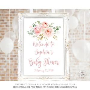 Blush Pink Floral Baby Shower Welcome Sign, Printable Large Baby Shower Welcome Sign Template, Editable Name & Date, Boho, Girl, MCP820, CJB