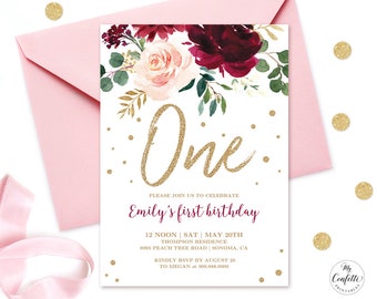 Baby's First Birthday Party Invitation, Editable Baby 1st Birthday Template, Printable, Pink Burgundy Floral, One, Girl, MCP817, CJB