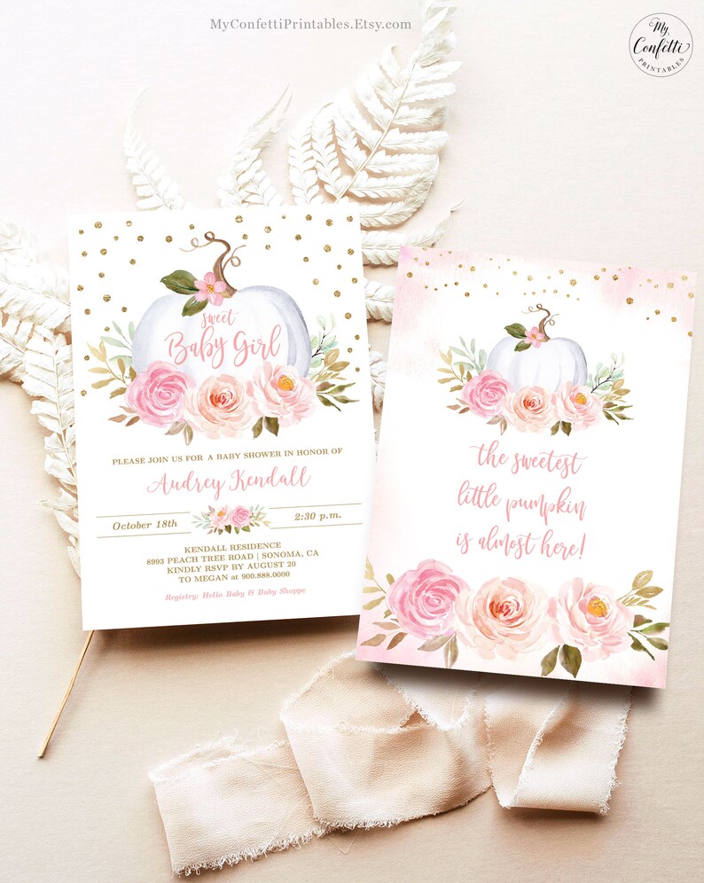 May include: Two printable baby shower invitations with a pink and white pumpkin and floral design. The text on the invitations reads "Sweet Baby Girl" and "The Sweetest Little Pumpkin is Almost Here!"